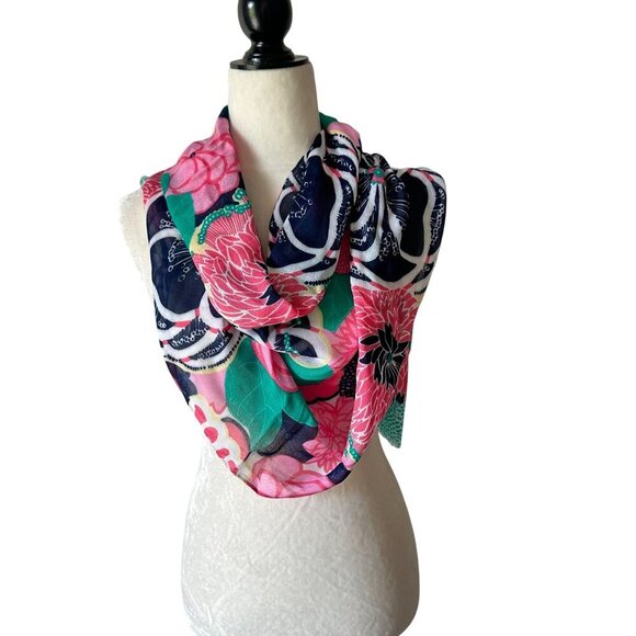 Floral Scarf Oblong Vibrant Flower Pink Navy Frayed Ends Fringe Long Wrap Hijab - Picture 3 of 13